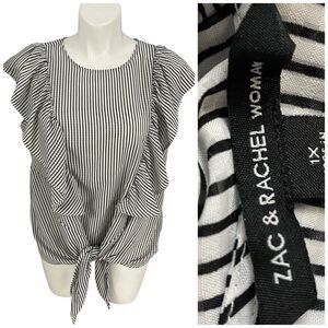 Zac & Rachel Top Womens 1X Blue White Stripe Ruffle Front Tie Nautical Coastal